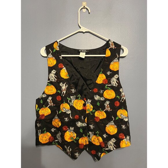 Vintage Women's 111 Main Halloween Pumpkins & Black Cats Button Up Vest SZ LARGE - Picture 1 of 10
